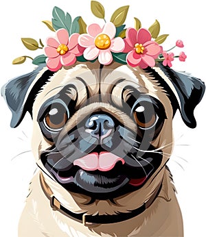 A grumpy but adorable pug puppy is wearing a flower crown.