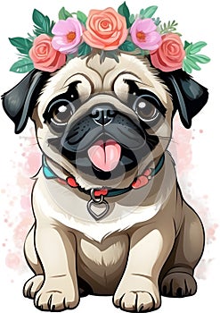 A grumpy but adorable pug puppy is wearing a flower crown.