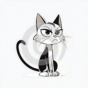 Grumpy Black And White Cat Sitting Upright With Curled Tail