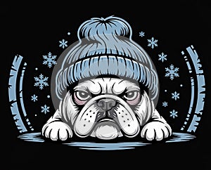 Grumpy Bulldog in Winter Hat with Snowflakes