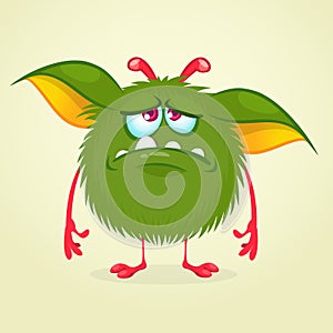 Grumpy cartoon monster. Halloween vector illustration of furry green monster character.