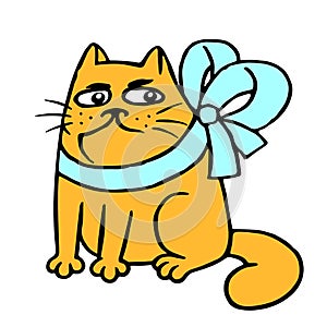 Grumpy cat with a bow sitting. Vector illustration.