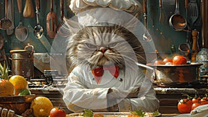 Grumpy cat chef in kitchen - generative ai