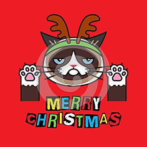 Grumpy cat in costume christmas deer on red