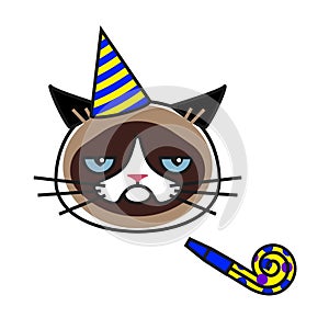 Grumpy cat in party hat with party horn blower