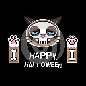 Grumpy cat in skeleton costume. Happy halloween