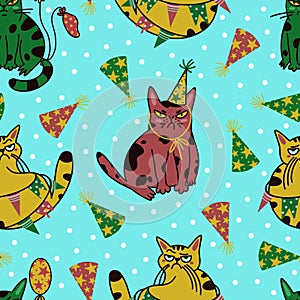 Grumpy cats seamless vector pattern. Sad multicolored animals celebrate their birthday. Cheeky kittens in party caps and garlands