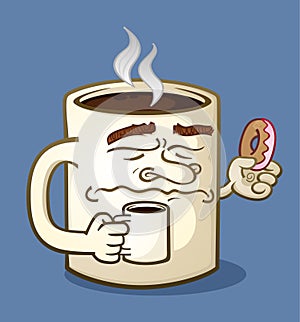 Grumpy Coffee Cartoon Character Eating a Donut
