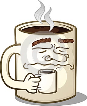 Grumpy Coffee Mug Cartoon Character Holding A Smaller Mug