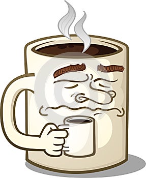 Grumpy Coffee Mug Cartoon Character Holding A Smaller Mug photo