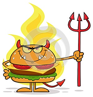 Grumpy Devil Burger Cartoon Character Holding A Trident Over Flames