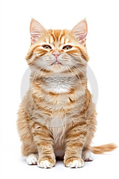 Grumpy feline sitting confidently against a bright white backdrop, capturing an unmistakable cat attitude with every glance