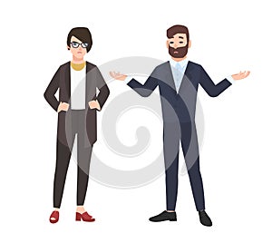 Grumpy female boss and male employee isolated on white background. Angry chief or director criticizing or rebuking