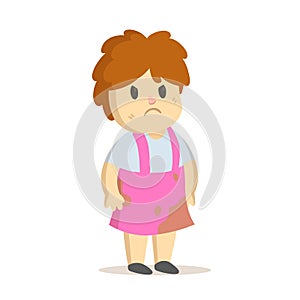 Grumpy girl in dirty pink dress, cartoon character. Untidy, grubby little child playing. Flat vector illustration