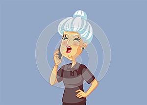 Grumpy Grandmother Talking on the Phone Vector Cartoon