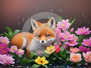 a grumpy little fox searching for food while sitting on the flower garden