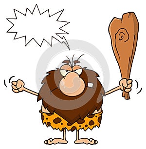 Grumpy Male Caveman Cartoon Mascot Character Holding Up A Fist And A Club