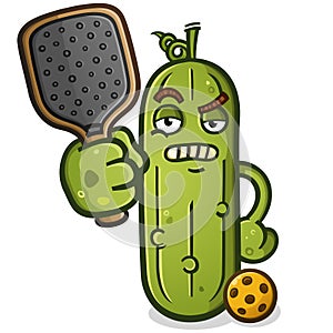 Grumpy old pickle cartoon ready to beat you in a pickleball match up