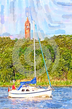Grunewald Tower in Berlin with sailing boat at Havel river