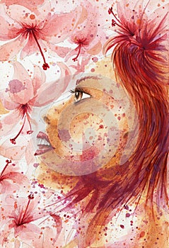 Grunge abstract woman portrait over flowery background