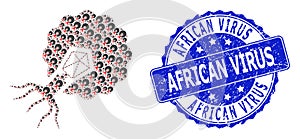 Grunge African Virus Round Stamp and Recursive Virus Infecting Cell Icon Composition