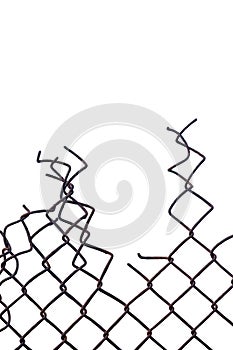 Grunge aged crushed rusty wire security fence isolated, vertical