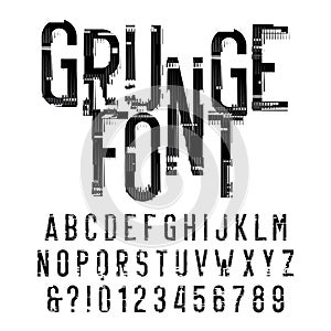 Grunge alphabet font. Distressed type letters and numbers on white background.