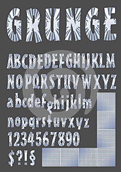 Grunge alphabet in metallic design, upper case, lower case, number, symbols, silver grid elements