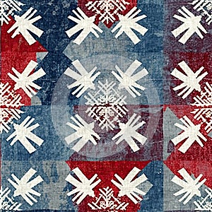 Grunge americana Christmas snowflake red blue white cottage style background pattern. Festive distress cloth effect for