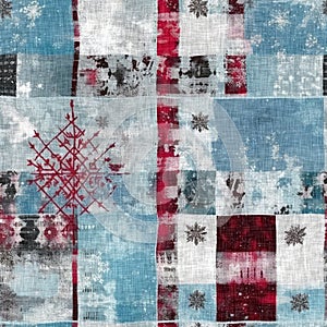 Grunge americana Christmas snowflake red blue white cottage style background pattern. Festive distress cloth effect for