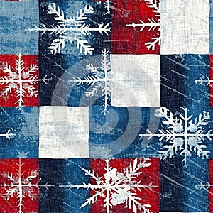 Grunge americana Christmas snowflake red blue white cottage style background pattern. Festive distress cloth effect for