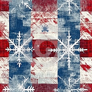 Grunge americana Christmas snowflake red blue white cottage style background pattern. Festive distress cloth effect for