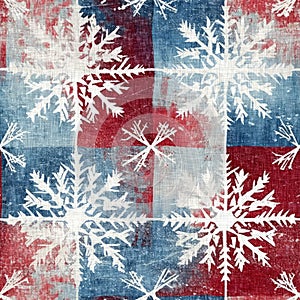 Grunge americana Christmas snowflake red blue white cottage style background pattern. Festive distress cloth effect for