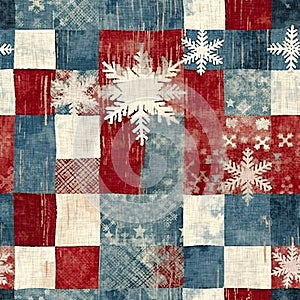 Grunge americana Christmas snowflake red blue white cottage style background pattern. Festive distress cloth effect for