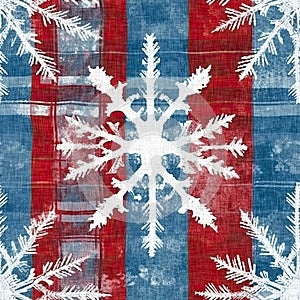 Grunge americana Christmas snowflake red blue white cottage style background pattern. Festive distress cloth effect for