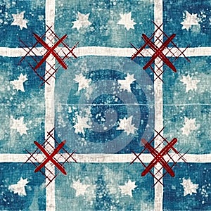 Grunge americana Christmas snowflake red blue white cottage style background pattern. Festive distress cloth effect for