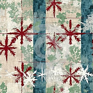 Grunge americana Christmas snowflake red blue white cottage style background pattern. Festive distress cloth effect for