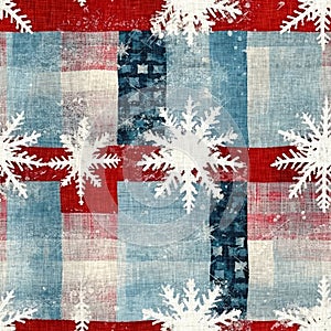 Grunge americana Christmas snowflake red blue white cottage style background pattern. Festive distress cloth effect for