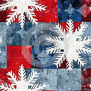 Grunge americana Christmas snowflake red blue white cottage style background pattern. Festive distress cloth effect for