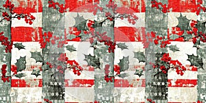 Grunge americana rustic Christmas holly leaf winter cottage style border. Festive distress cloth effect for cozy holiday