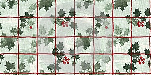 Grunge americana rustic Christmas holly leaf winter cottage style border. Festive distress cloth effect for cozy holiday
