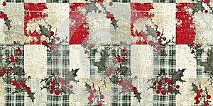 Grunge americana rustic Christmas holly leaf winter cottage style border. Festive distress cloth effect for cozy holiday