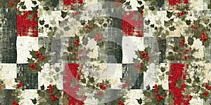 Grunge americana rustic Christmas holly leaf winter cottage style border. Festive distress cloth effect for cozy holiday