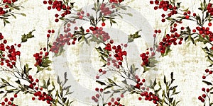 Grunge americana rustic Christmas holly leaf winter cottage style border. Festive distress cloth effect for cozy holiday