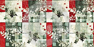 Grunge americana rustic Christmas holly leaf winter cottage style border. Festive distress cloth effect for cozy holiday