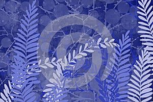 Hand drawn bokeh fern and plant art dyed grunge background with Japanese ink antiqued style background in indigo blue photo