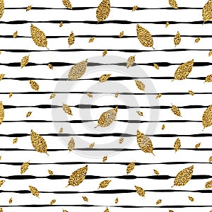 Grunge autumnal linear background with golden glitter leaf maple
