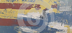 Grunge background with abstract color texture, board with traces of red, blue, yellow, white and gray paint, worn and cracked pain