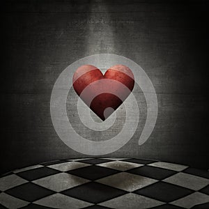 Grunge background, chequered floor & floating red heart