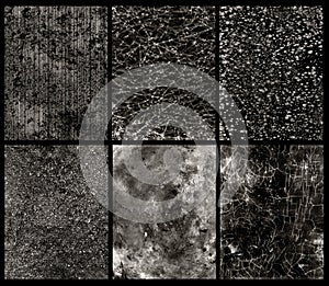 Grunge background compilation. Cracked structure effect. Rough grunge pattern design. Texture of damaged and scuffed material.